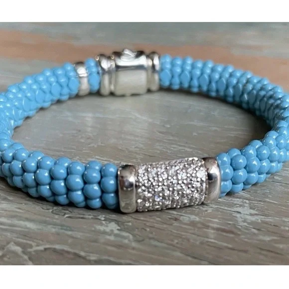 Lagos Blue Caviar Silver 925 Station Ceramic Diamond Bracelet 9mm - Picture 6 of 10